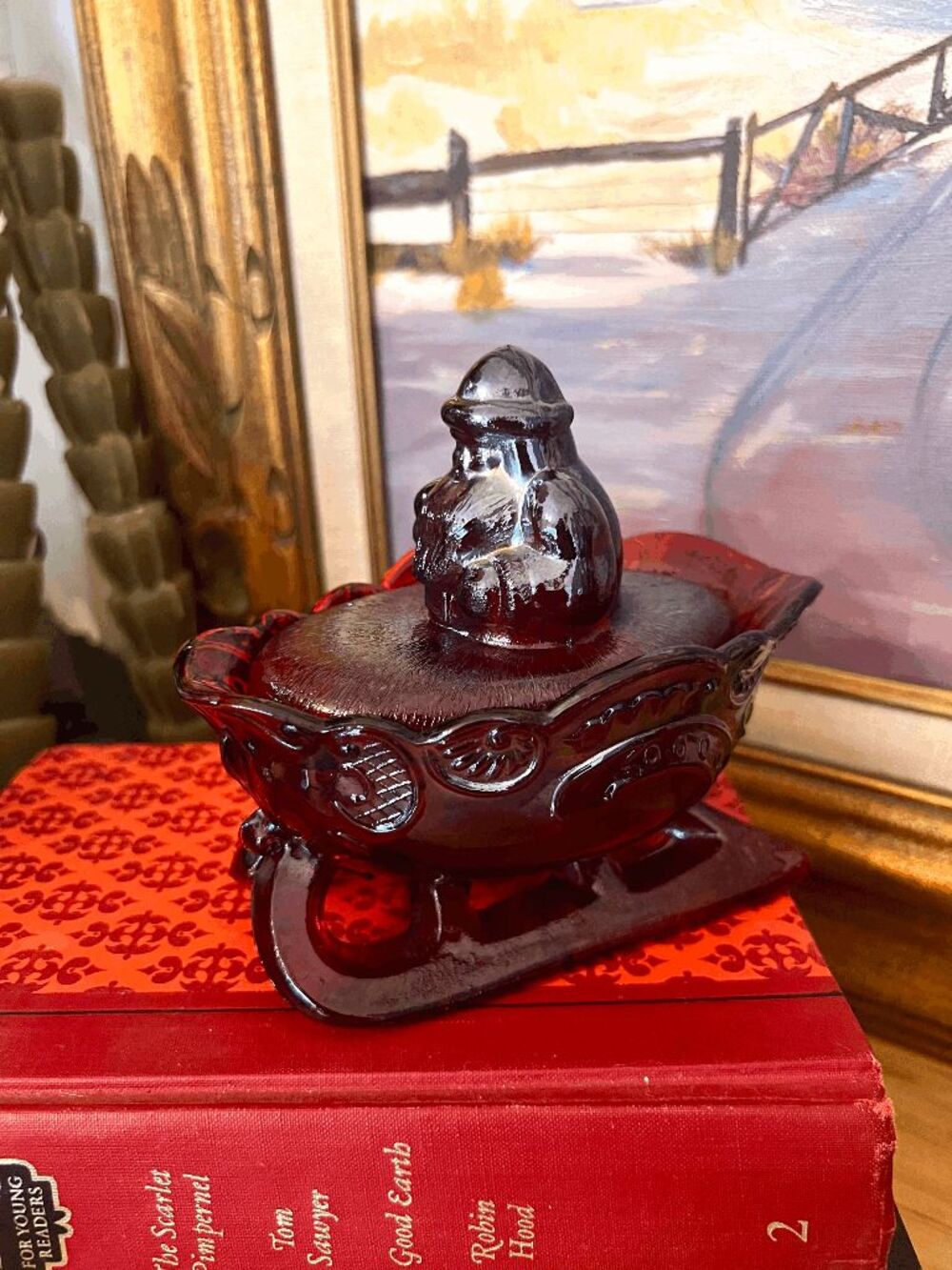 Vintage Westmoreland Red Carnival Glass Santa Sleigh Covered Candy Dish – Irides